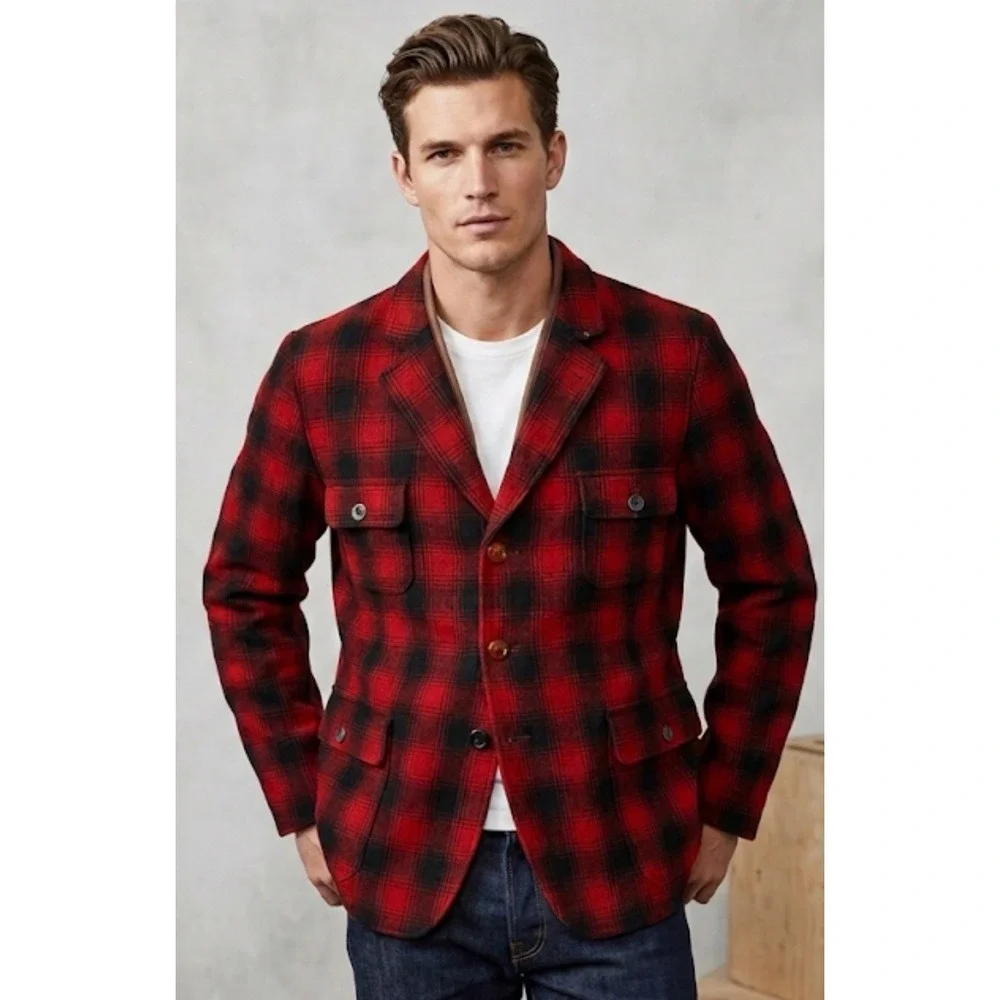 Paul Smith Red Ear Wool Plaid Field Jacket Blazer Men XL Red Black Buffalo Check